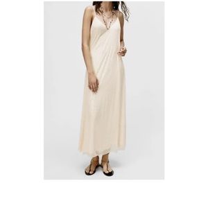 Zara Women’s Beaded Sequins Maxi Dress Beige Size L